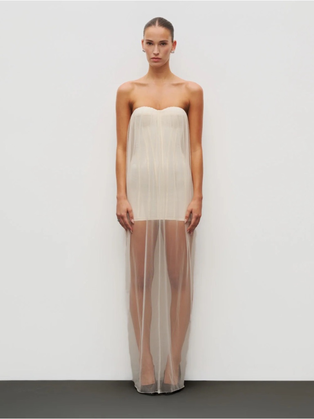 THE SHEER CORSET DRESS
SCULPTING CREPE AND CHIFFON CORSET DRESS